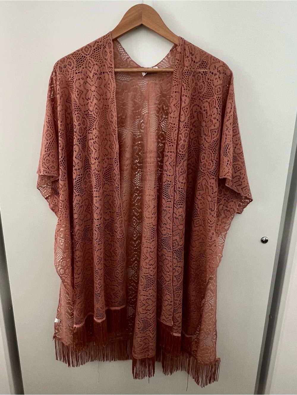 Boho Dusty Rose Lace Fringe Duster Kimono Swim Coverup OS